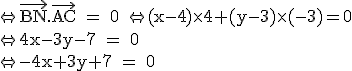 \rm \Leftrightarrow \vec{BN}.\vec{AC} = 0 \Leftrightarrow (x-4)\times4+(y-3)\times (-3)=0\\\Leftrightarrow 4x-3y-7 = 0\\\Leftrightarrow -4x+3y+7 = 0
